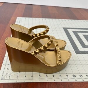 Gold Metallic Wedge Sandals with Cork Heel